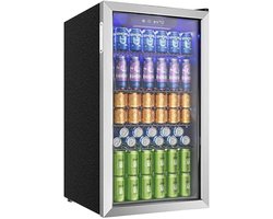 CYRO - Mini Koelkast Glazen Deur - Mini Koelkasten voor Drinken - Minibar - LED - 126 Blikjes - Verstelbare Planken - RVS - Zilver