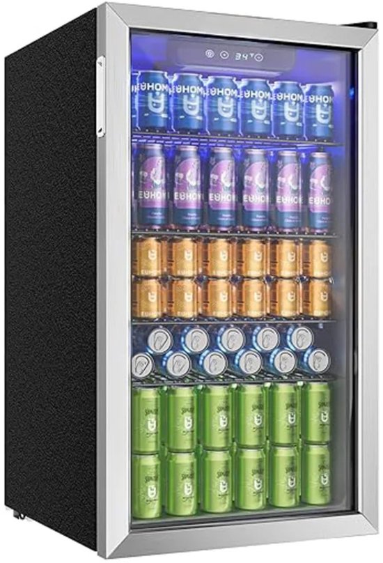 Mini koelkast CYRO met glazen deur, LED, RVS, 126 blikjes, verstelbare planken, stille koeling, 90L
