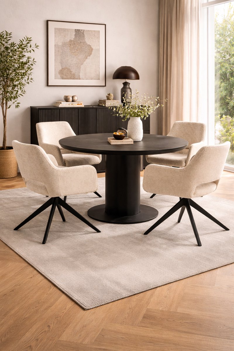 Bam & Boo Serena Draaistoelen Set van 2 – Beige Chenille Eetkamerstoelen met Armleuningen – 360° Draaibaar – Moderne Stoel – Zwart Metalen Onderstel – foto 5