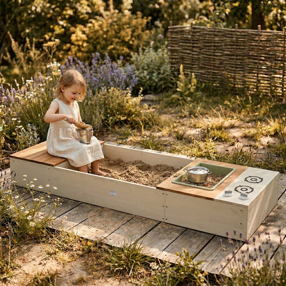 AXI Pippa Zandbak met speelkeuken en opbergbank 160 x 50 cm Beige/bruin – FSC 100% hemlock hout – Met Zand en Waterbak – Met 6-delige Speelgoed Kookset – Met Hoes en Grondzeil – 10 jaar garantie — afbeelding 7