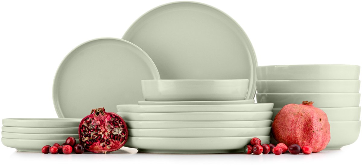 KONSIMO® VICTO - 18 delig - 6 persoons - Keramiek - Dessertbord, Diepbord, Dinerbord - Beige/Groen/Matgrijs