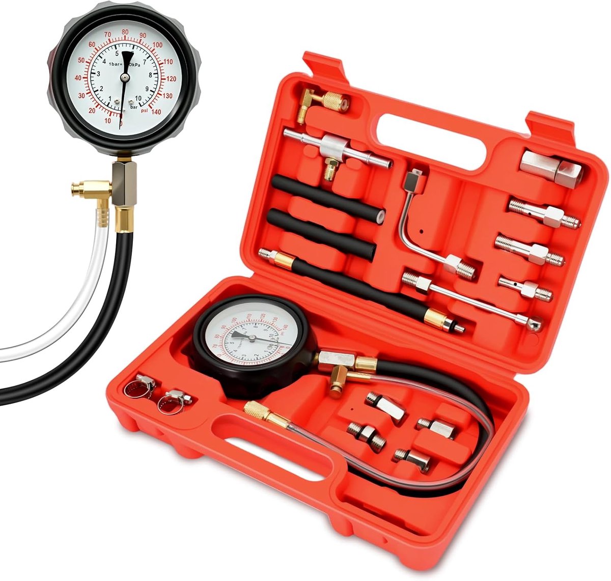 Brandstofdruktestset 0-140 PSI (10 bar) met adapter en drukmeter - Diagnostisch gereedschap voor auto's, vrachtwagens en motorfietsen