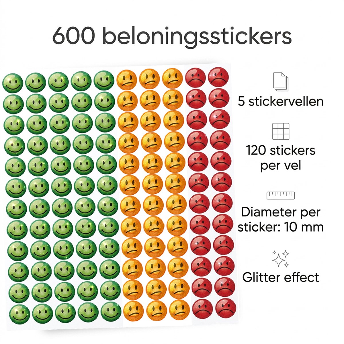 Smiley Stickers met Glitters - 600 Stuks - Beloningsstickers - 5 Stickervellen — afbeelding 5