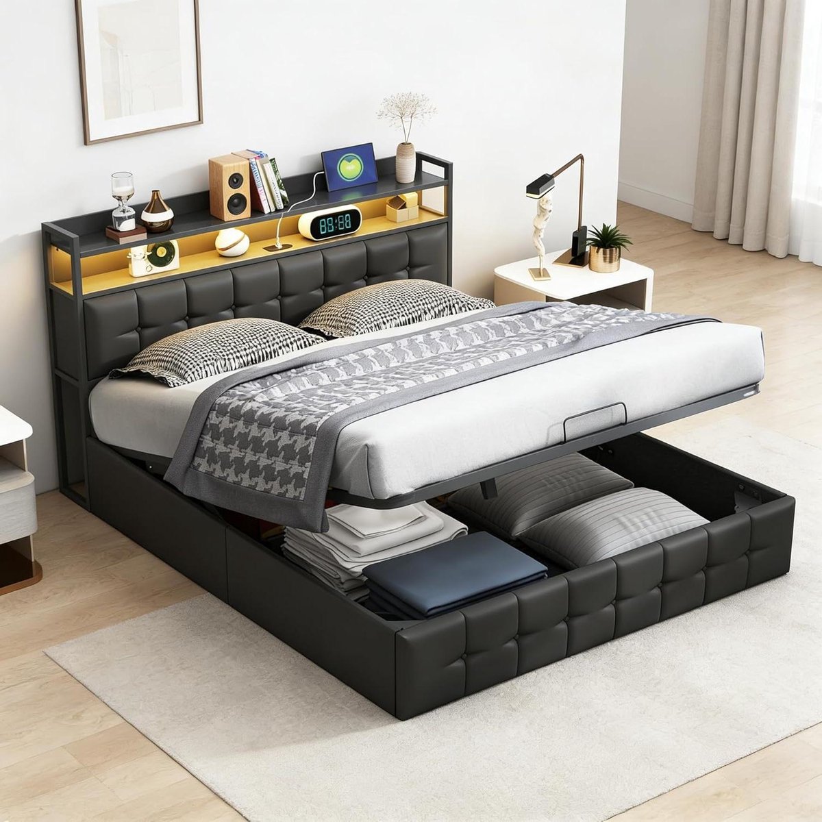 Gestoffeerd Bed - Opbergbed Dubbel - Slapen en Opbergen - Met USB en LED - 140x190 cm - Zwart