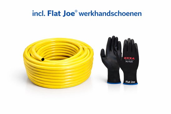 Gele opgerolde tuinslang en zwarte OXAA PU-FLEX werkhandschoenen met Flat Joe-tekst.
