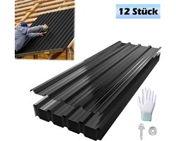 12er dakplaten trapeziumplaat 129,5x45cm stalen plaat gevormde plaat dakpanelen weerbestendige golfplaat gegalvaniseerd staal voor garagedak inclusief schroeven en handschoenen - Zwart