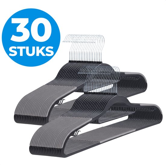 Stapel van zwarte kledinghangers met grijze anti-slip stroken, '30 STUKS' tekst.