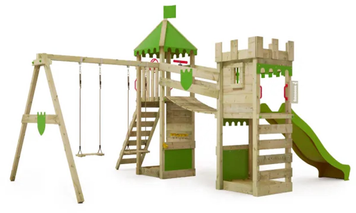 Fatmoose RiverRun Royal XXL Klimtoren - Dubbele schommel met Glijbaan en Wiebelbrug - Toren met kantelen & Zandbak - Appelgroen