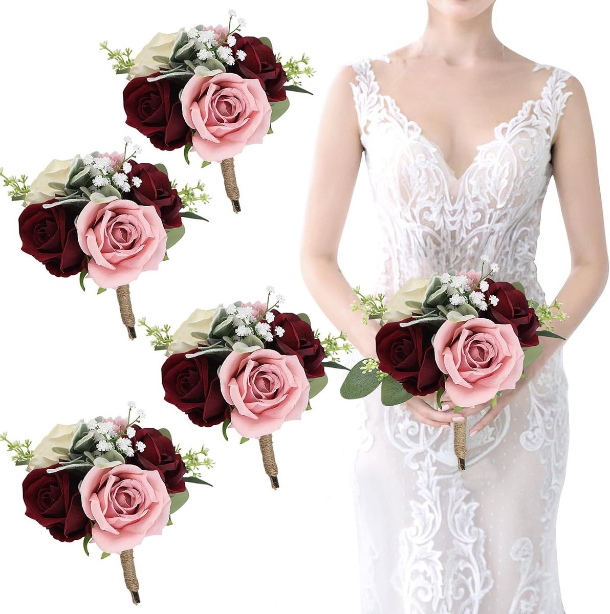 Bruidsmeisje Boeketten - Zijden Bloemen - Bruiloft Decoratie - Handgemaakte Stijl - Set van 4 - Blush & Bordeaux