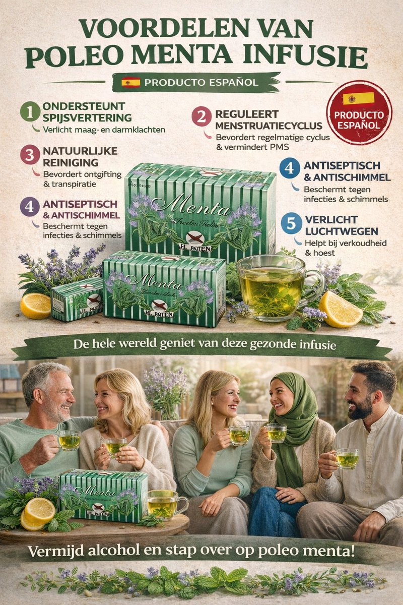 50 THEEZAKJES MENTA POLEO  ONTSPANNEND & GEZOND  VERBETERT SPIJSVERTERING, VERLICHT DARMKLACHTEN, REGULEERT MENSTRUATIECYCLUS  ANTI-BACTERIEEL, ANTI-SCHIMMEL & VERLICHT VERKOUDHEID EN STRESS  NATUURLIJK & KRACHTIG