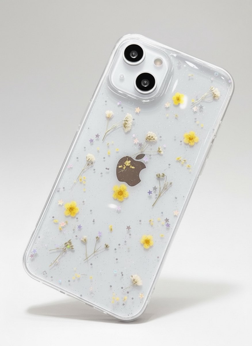 Iphone 14 telefoonhoesje - gedroogde bloemetjes - geel