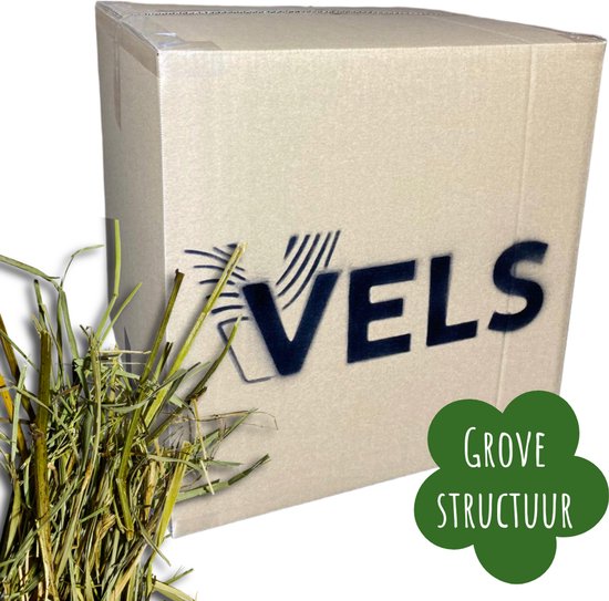 Een kartonnen doos met het logo VELS en tekst 'GROVE STRUCTUUR', met een bosje hooi ernaast.