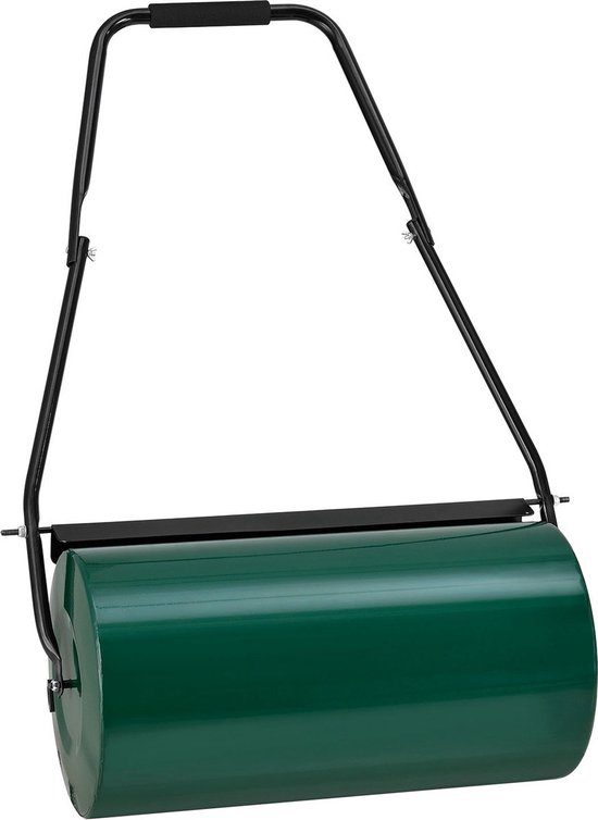 Donkergroene metalen gazonwals van 60 cm, met zwart metalen handvat met schuimrubber grip.