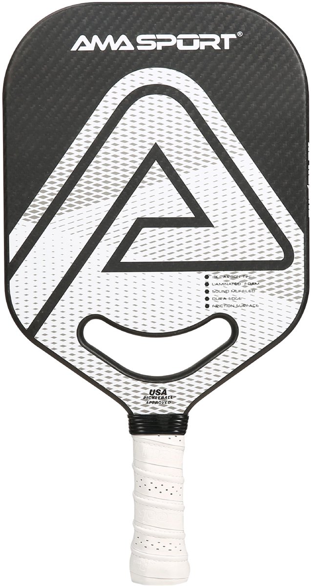 Pickleball Paddle PP002-3KW Wit/Zwart – 3K Carbon Surface – 20 mm Kern – Aero-DuraEdge & Air Dynamic Throat – AMA Sport