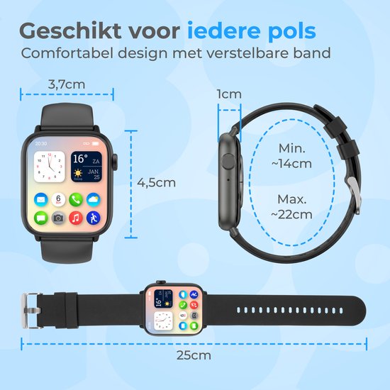 The Life Style Goods - Montre connectée pour femmes/hommes - Moniteur de fréquence cardiaque et podomètre - Android/IOS - Étanche - Zwart