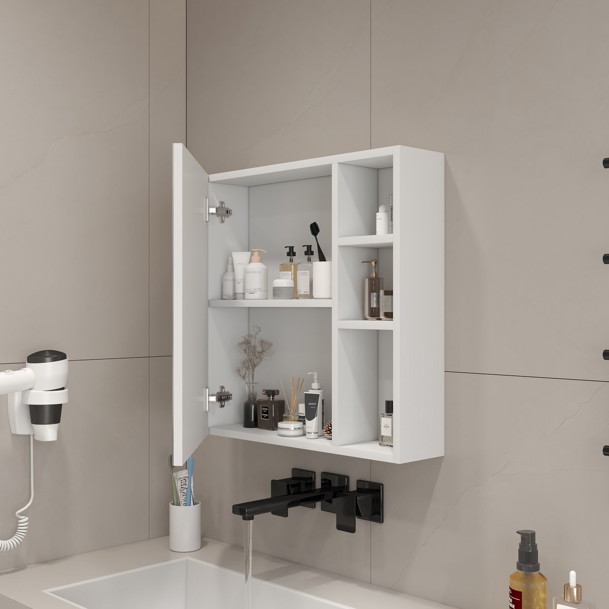 Hauss Spole Wandspiegelschrank - Met Veiligheidsspiegelglas En Opbergvakken - Voor Badkamer En Make Up Ruimte - Wit MDF - 55 X 56 Cm