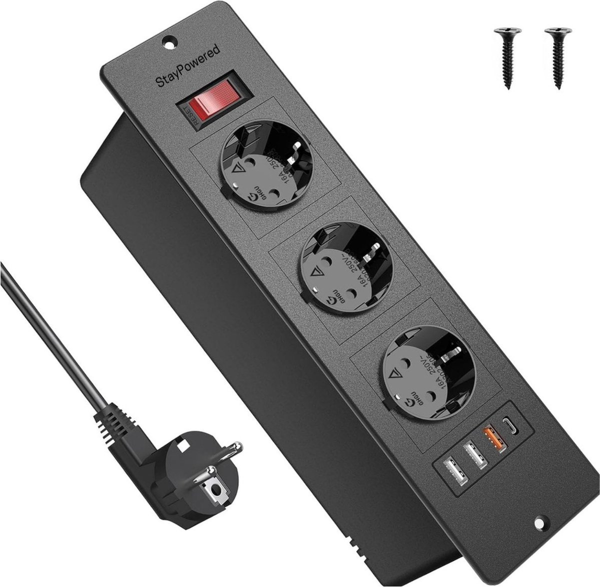 StayPowered Tafelstopcontact - Stijlvol en Kabelvrij Werken - USB-C PD 20W - 3 Stopcontacten - 3 USB-A Poorten - Aan/Uit Schakelaar - Ruimtebesparend Inbouwdesign - 2m Kabel - Eenvoudig te Installeren - Kleur Zwart - Levering Sneller dan Aangegeven!