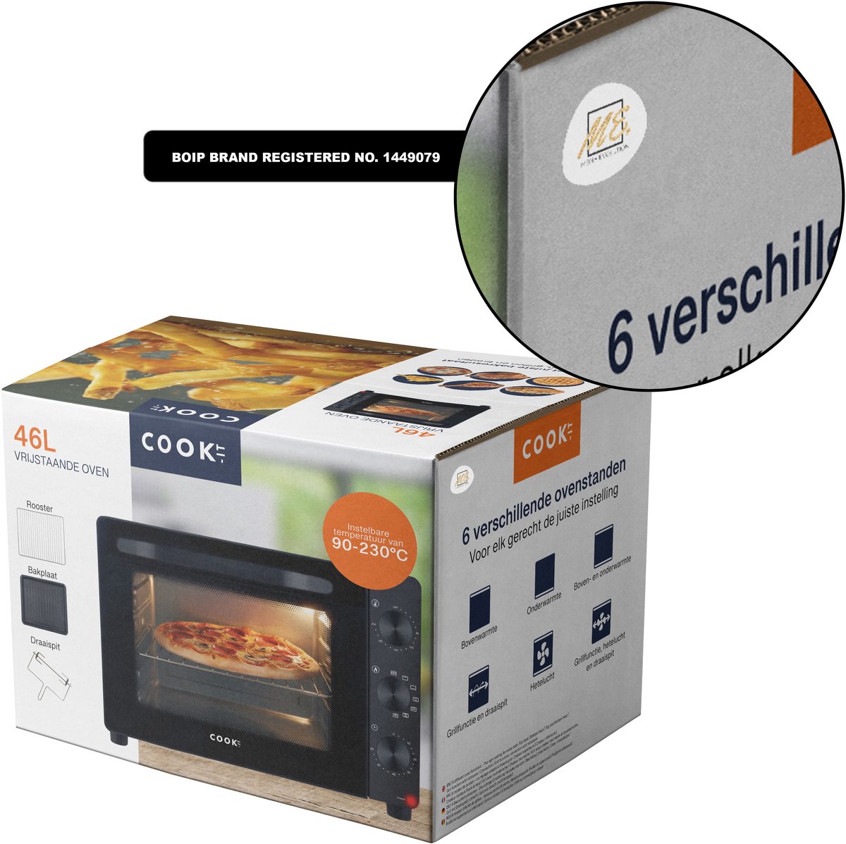 COOK-IT Vrijstaande Oven - 46L - 6 Ovenstanden - Hetelucht - PFAS Vrij - Grill - Draaispit - 90 tot 230°C - Zwart – foto 8