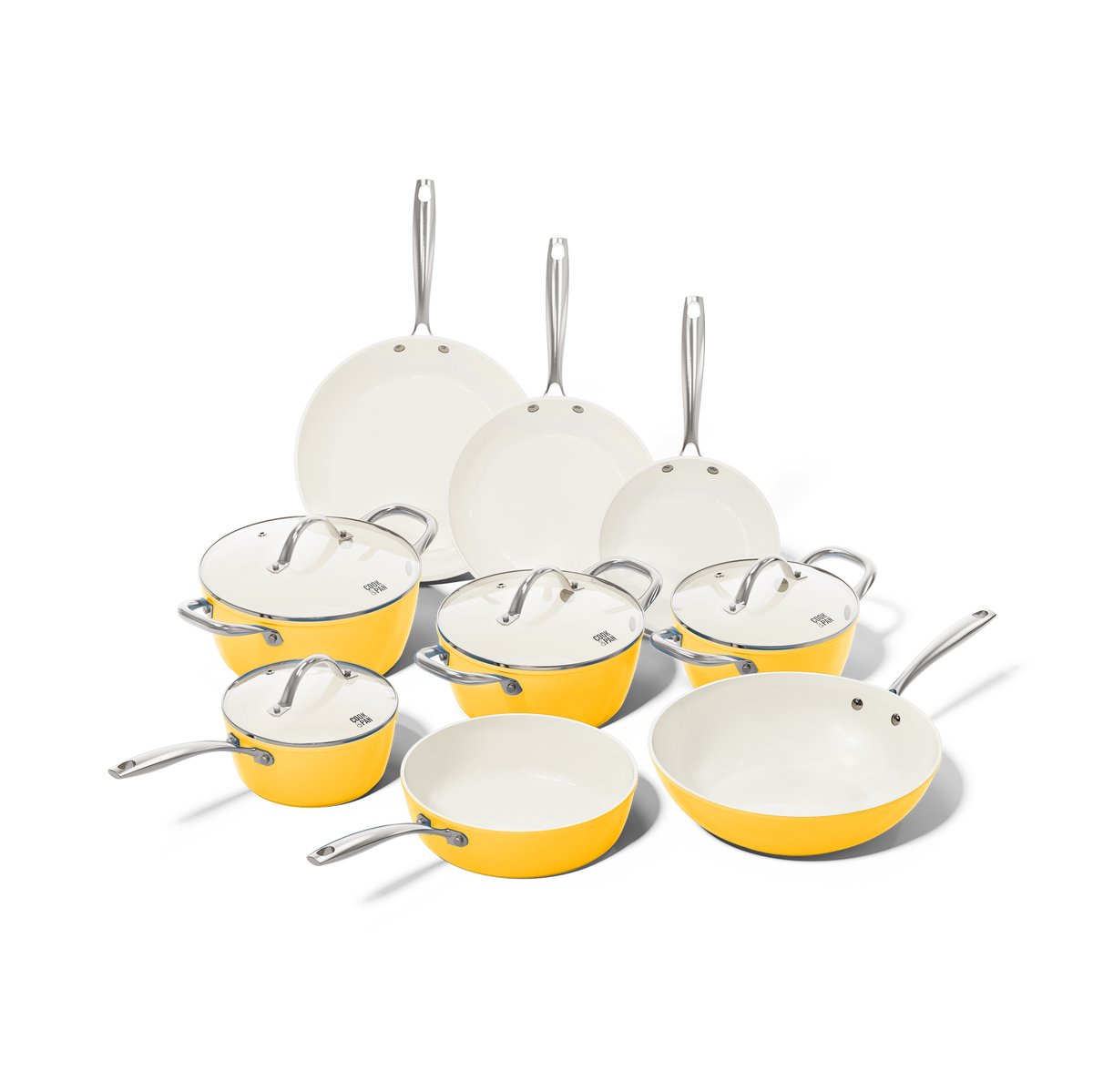 Cook & Pan 9-Delige Pannenset Sunny Side Geel - PFAS vrij - Alle Warmtebronnen - Pannen Set met 7 jaar Garantie - Krasbestendige Anti Aanbaklaag - Vaatwasserbestendig - Gas, Inductie, Elektrisch, Oven - Koekenpan, Wokpan, Steelpan, Hapjespan, Kookpot
