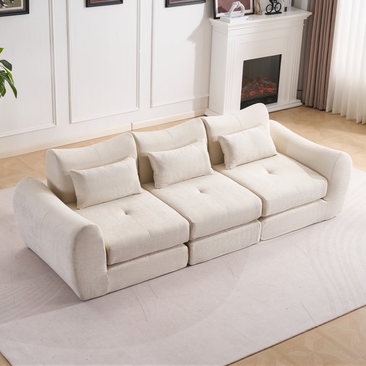 Multifunctionele Chenille Slaapbank – Opvouwbaar – Geschikt voor 3 Personen – Met 3 Kussens en Armleuningen – Comfortabel 3-in-1 Ontwerp – Te Gebruiken als Sofa, Ligstoel en Logeerbed – Ideaal voor Appartementen of Kleine Ruimtes –Beige