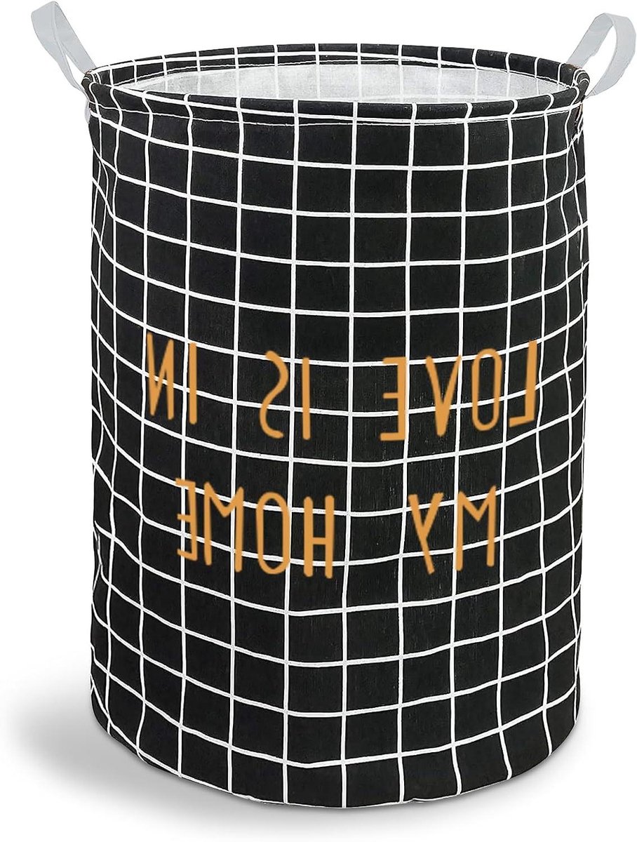 Grote Wasmand - Waszak Kledingmand - Kleding Opbergen - Opvouwbaar Vrijstaand - 47cm Hoogte 45cm Breedte - Zwart Wit Raster