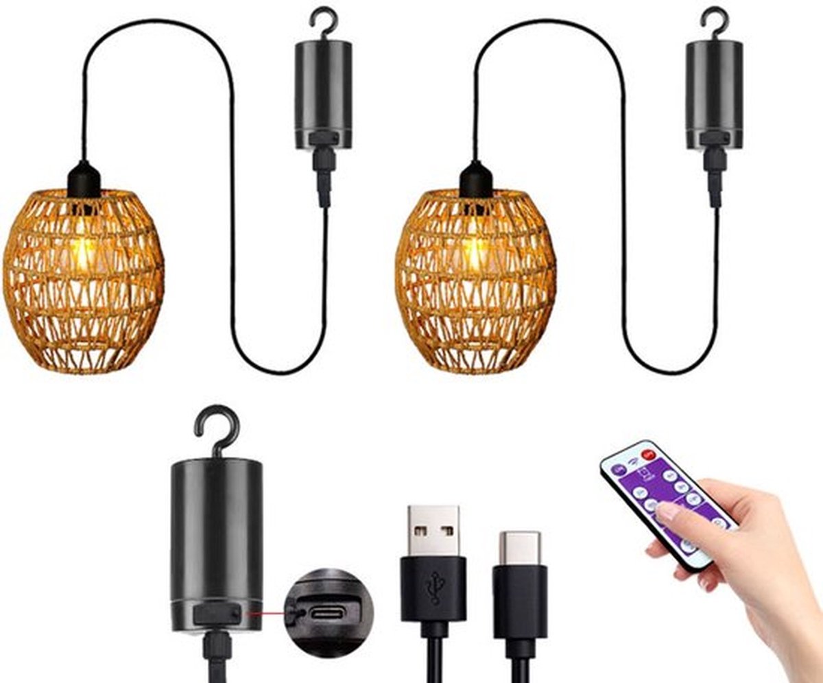 2 stuks rotan hanglampen – met afstandsbediening – op batterijen – gevlochten hanglampen – hanglampen voor buiten; voor terrassen, pergola's, veranda's, tuinen en interieurdecoratie