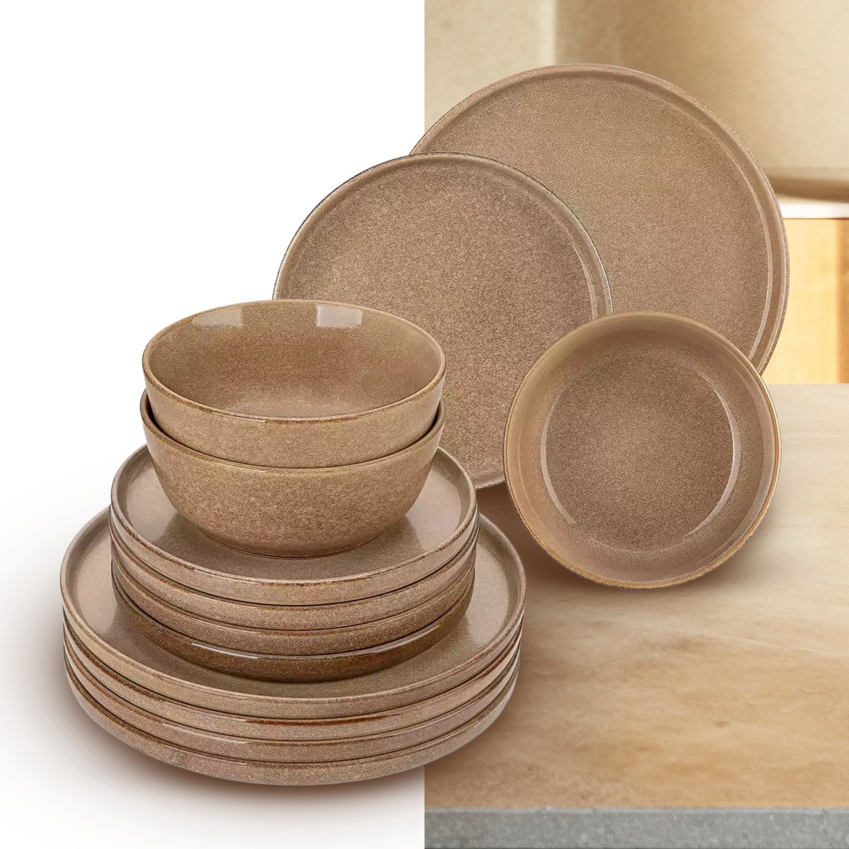 Luxe Serviesset – 12 delig – 4 persoons – Steengoed - Bordenset – Dinner platen – Dessertborden - Kommen - Karamel