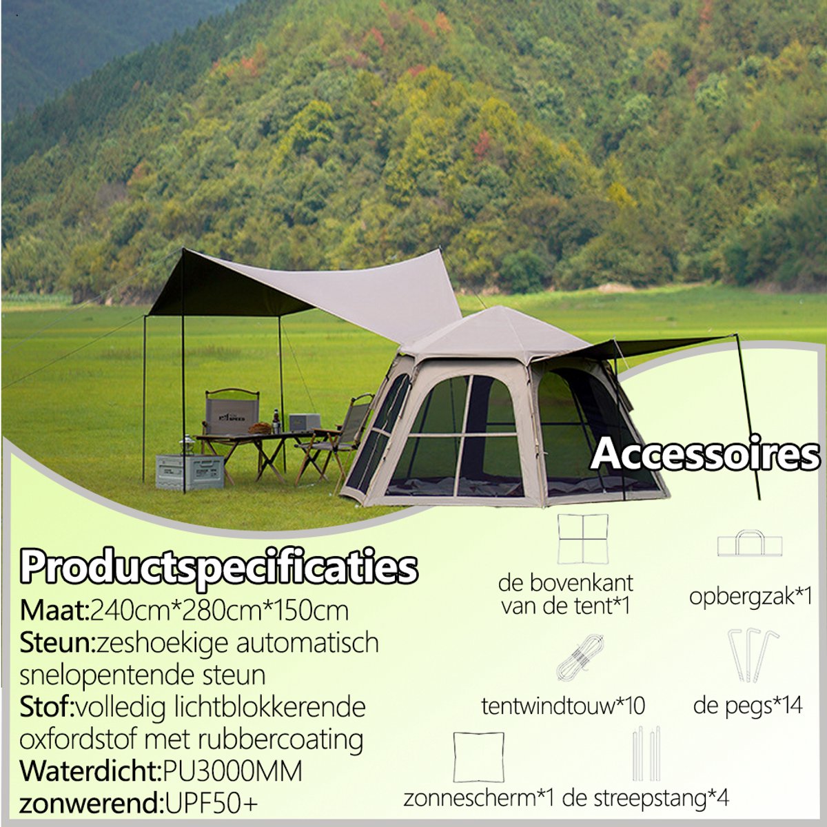 Pop-up Familietent met XXL Zonnescherm - 4-Persoons Koepeltent - Opzetten in 3 Seconden - Inclusief Voorluifel voor Extra Leefruimte - Kampeertent - pop up tent voor Kamperen - festival tent + Draagtas - Kaki – foto 8
