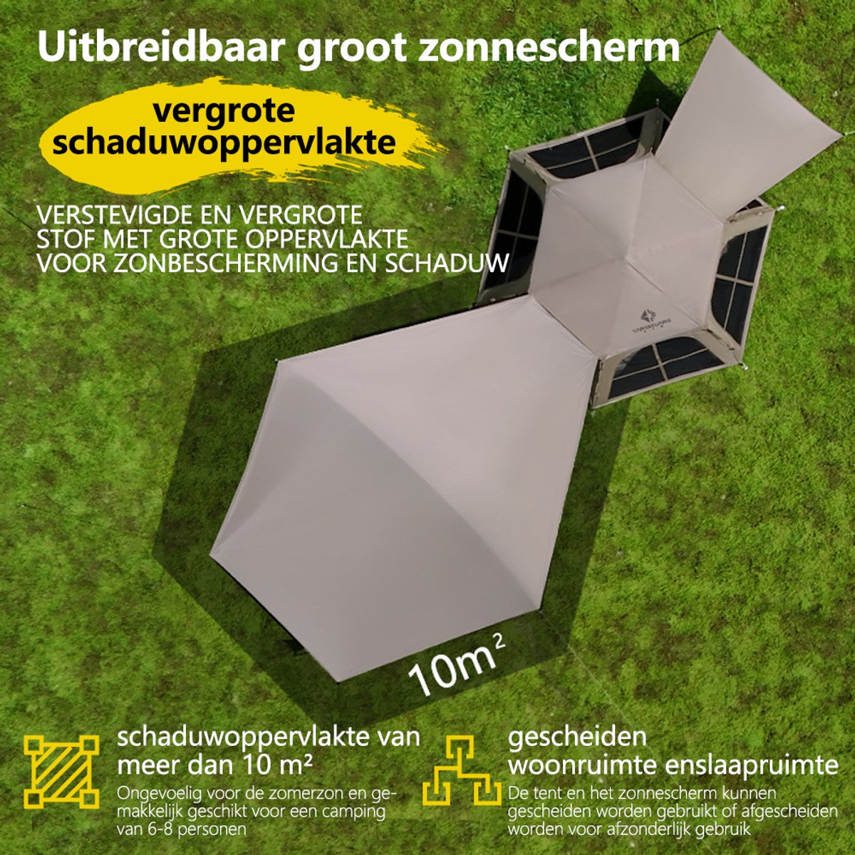 Pop-up Familietent met XXL Zonnescherm - 4-Persoons Koepeltent - Opzetten in 3 Seconden - Inclusief Voorluifel voor Extra Leefruimte - Kampeertent - pop up tent voor Kamperen - festival tent + Draagtas - Kaki – foto 3