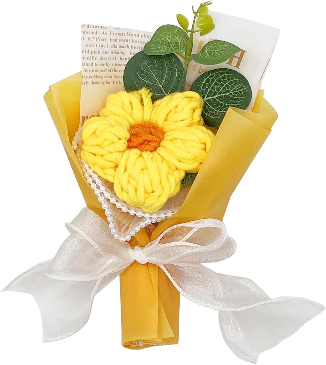 Gehaakt bloem boeket - Gebreide bloemen - Decoratie huis kantoor - 100% handgemaakt - 10 x 19 cm - Geel