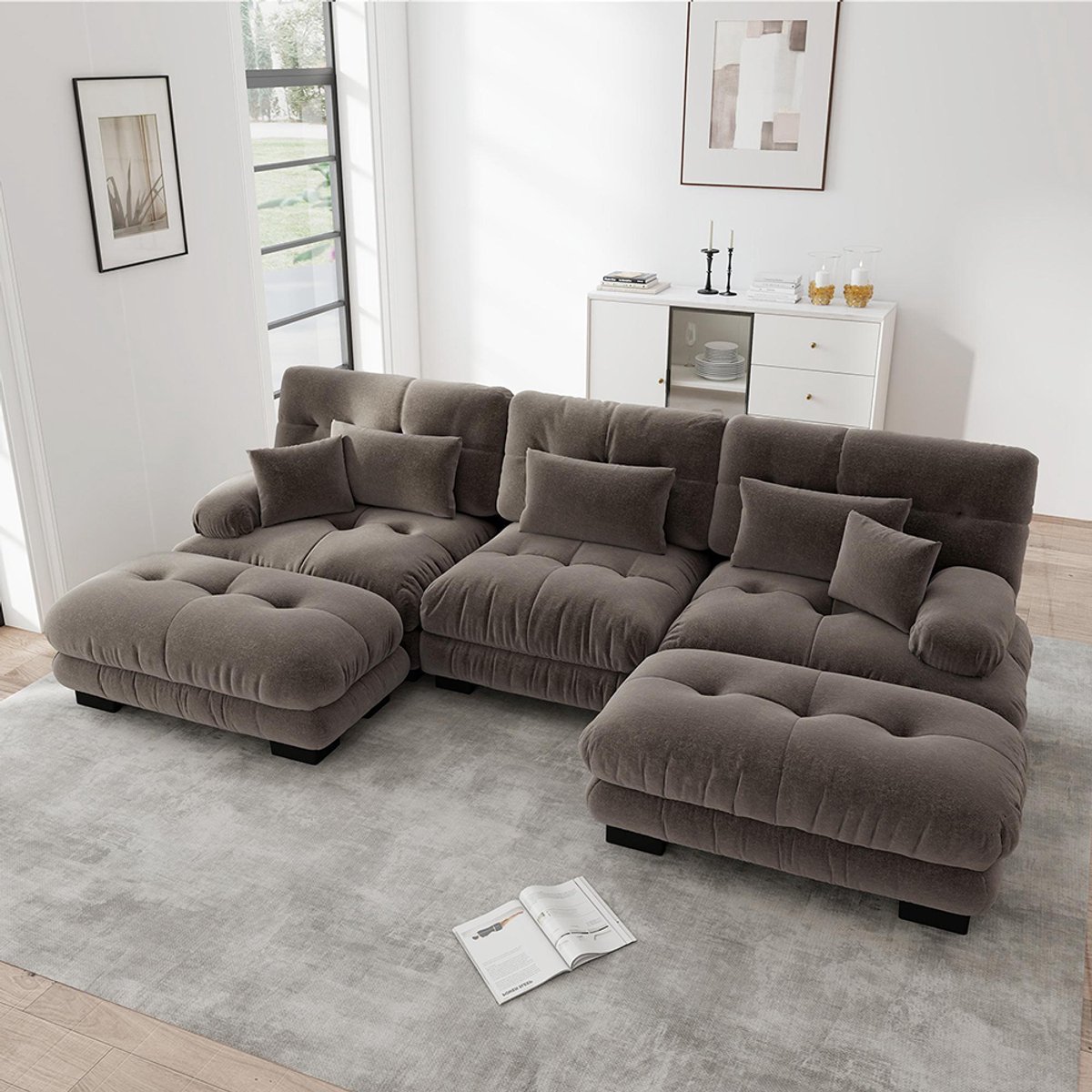 BLACKCOLORS Luxe modulaire hoekbank - Reusachtige U-vormige Cloud-bank voor de woonkamer, slaapbank met diepe zitting en chaise longue, Chenille, Bruin
