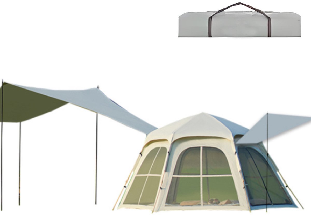 Pop-up Familietent met XXL Zonnescherm - 4-Persoons Koepeltent - Opzetten in 3 Seconden - Inclusief Voorluifel voor Extra Leefruimte - Kampeertent - pop up tent voor Kamperen - festival tent + Draagtas - Wit