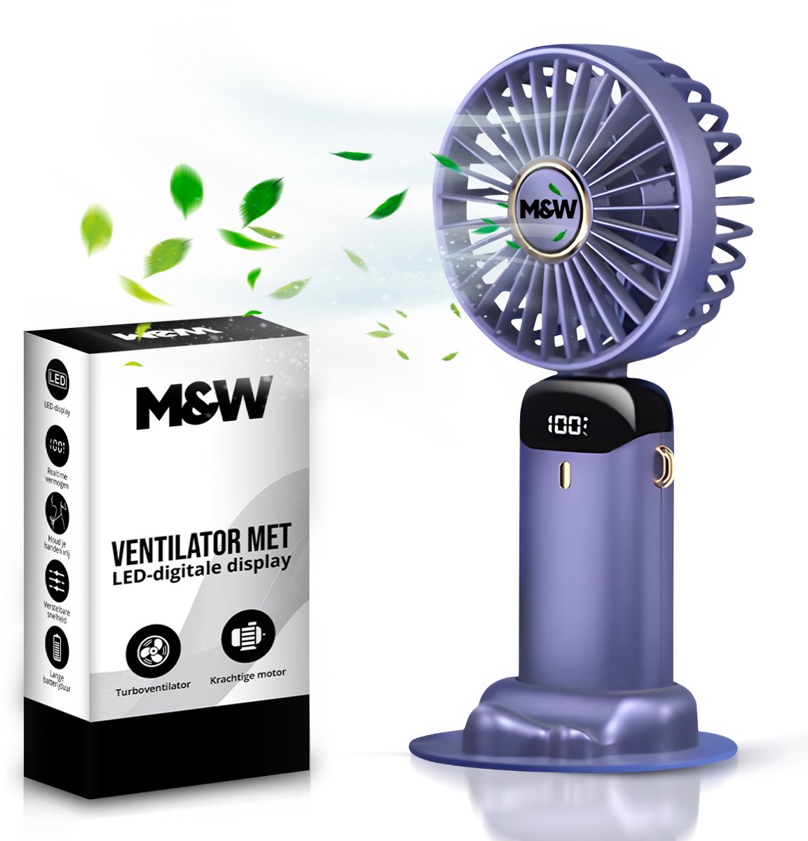 M&W® Oplaadbaar USB Handventilator - Draagbare Mini Ventilator met Standaard, Telefoonhouder en Nekkoord - 3 Standen - 3000 mAh - Voor Thuis, Kantoor, Onderweg, Vakantie en Festival - Paars