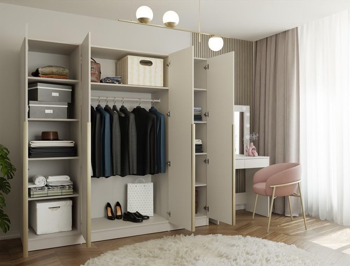 Luxe Cashmere Beige Garderobekast 200x200x56,5 cm met 4 Deuren en 11 Planken