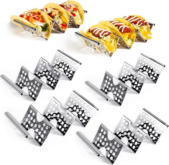 Set van roestvrijstalen tacohouders, glanzend metaal, met gevulde en lege houders.
