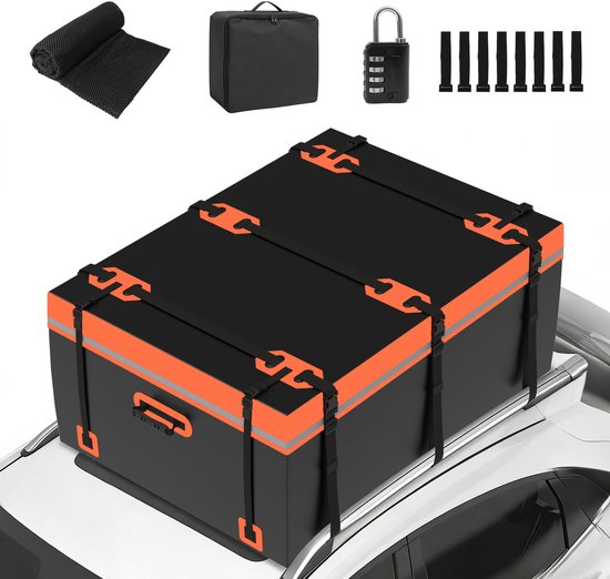 Zwarte dakkoffer met oranje randen en reflecterende strepen op een witte auto.