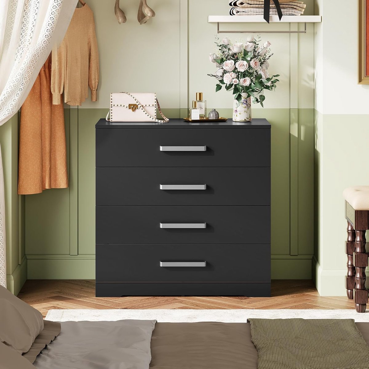 Commode 4 Laden 74x75x40 cm Houten Ladekast met Metalen Handgrepen en Rails Moderne Slaapkamer Kast Zwart Urbanhome
