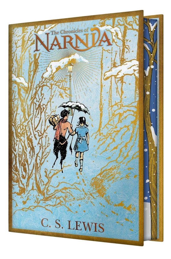 Couverture de 'The Chronicles of Narnia' par C.S. Lewis, illustrant le Faune tenant un parapluie au-dessus de Lucy dans une forêt enneigée.