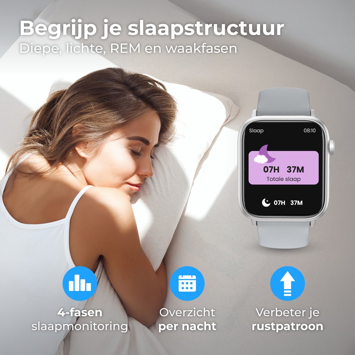 Nuvance - Smartwatch Heren & Dames met Bluetooth - 45mm - Geschikt voor alle Smartphones - Stappenteller & Hartslagmeter - Grijs – foto 8