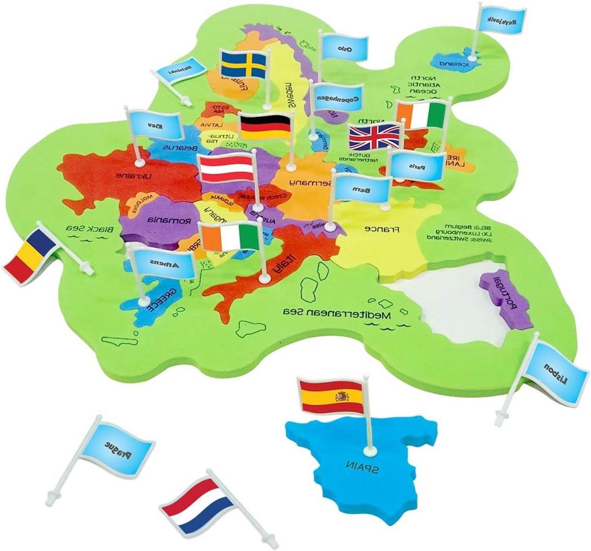 Europa Kaart Puzzel - Landen en Hoofdsteden - Educatief Spel - Inclusief Vlaggen Stickers - 33 x 33 cm - Meerkleurig