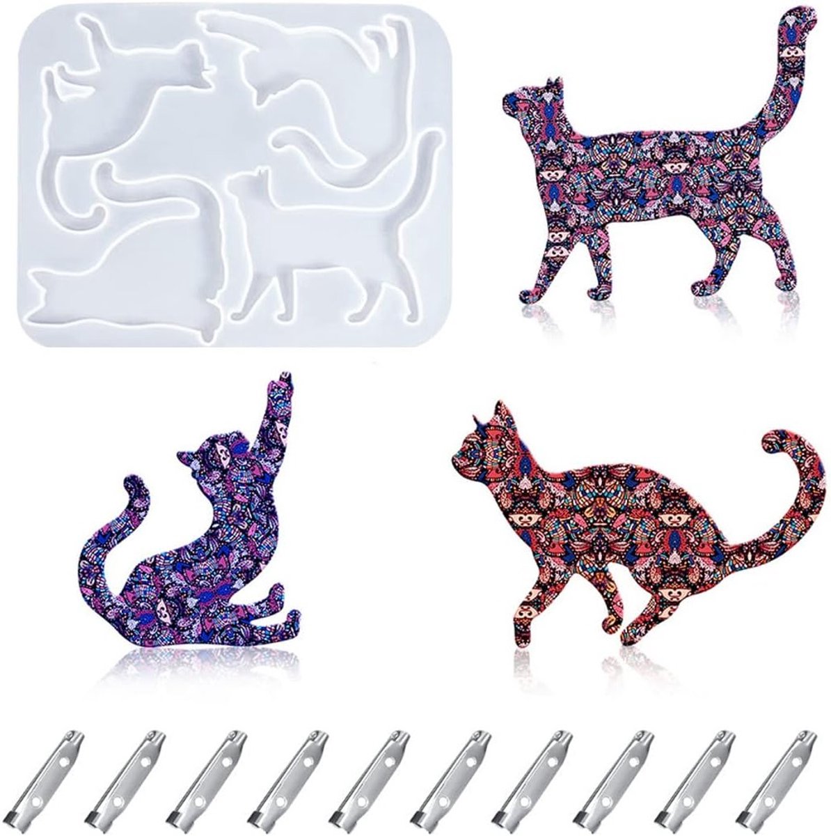 Silicone Gietvorm voor Dieren Broches met 10 Brochepinnen - DIY Hanger, Oorbellen en Sieraden Maken met Kristal en Hars
