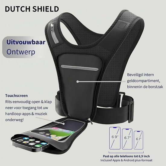 Zwart, uitvouwbaar hardloopvest met "DUTCH SHIELD" logo, telefoonvak en tekst.