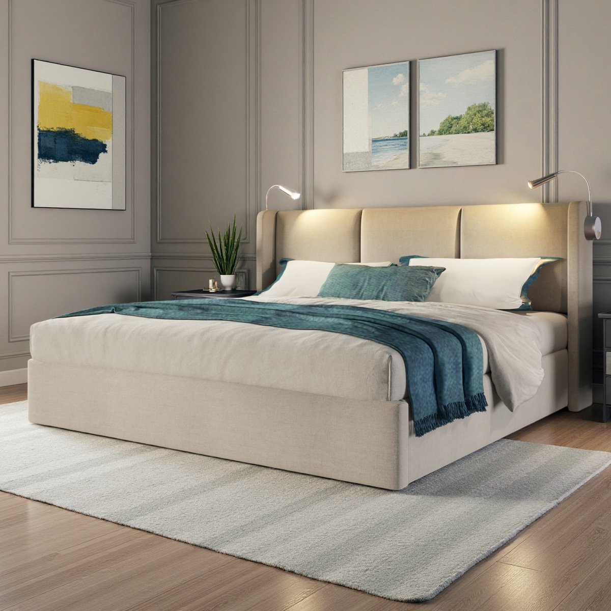 ROSAHQNDA Tweepersoonsbed 160x200 bed - Gestoffeerd Opbergbed - Met Hydraulische Opbergruimte, Leeslampjes & USB - Beige Stof-zonder matras