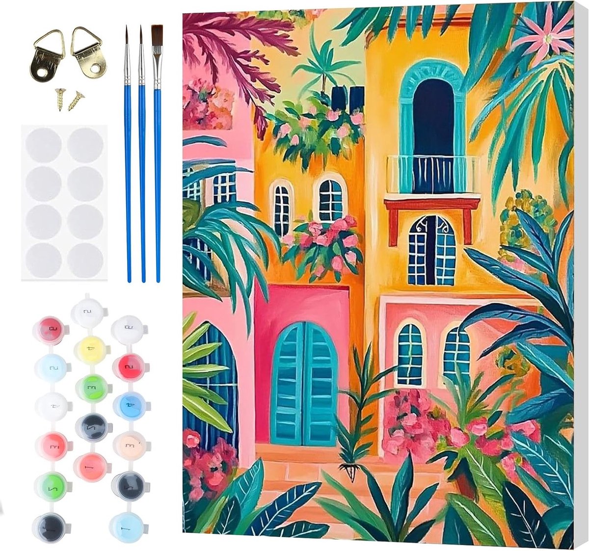 Kleurrijke Verf op Nummer Kits voor Volwassenen en Kinderen, DIY Canvas Schilderen met Acrylverf, Inclusief Penselen en Houten Lijst voor Beginners