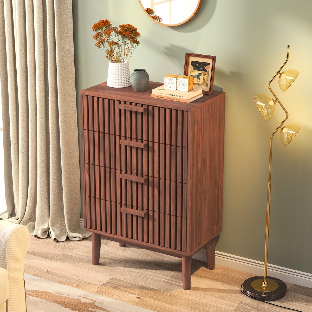 Commode - Opbergkast met 4 lades - Geschikt voor woonkamer, slaapkamer en hal - Kleur: walnoothout