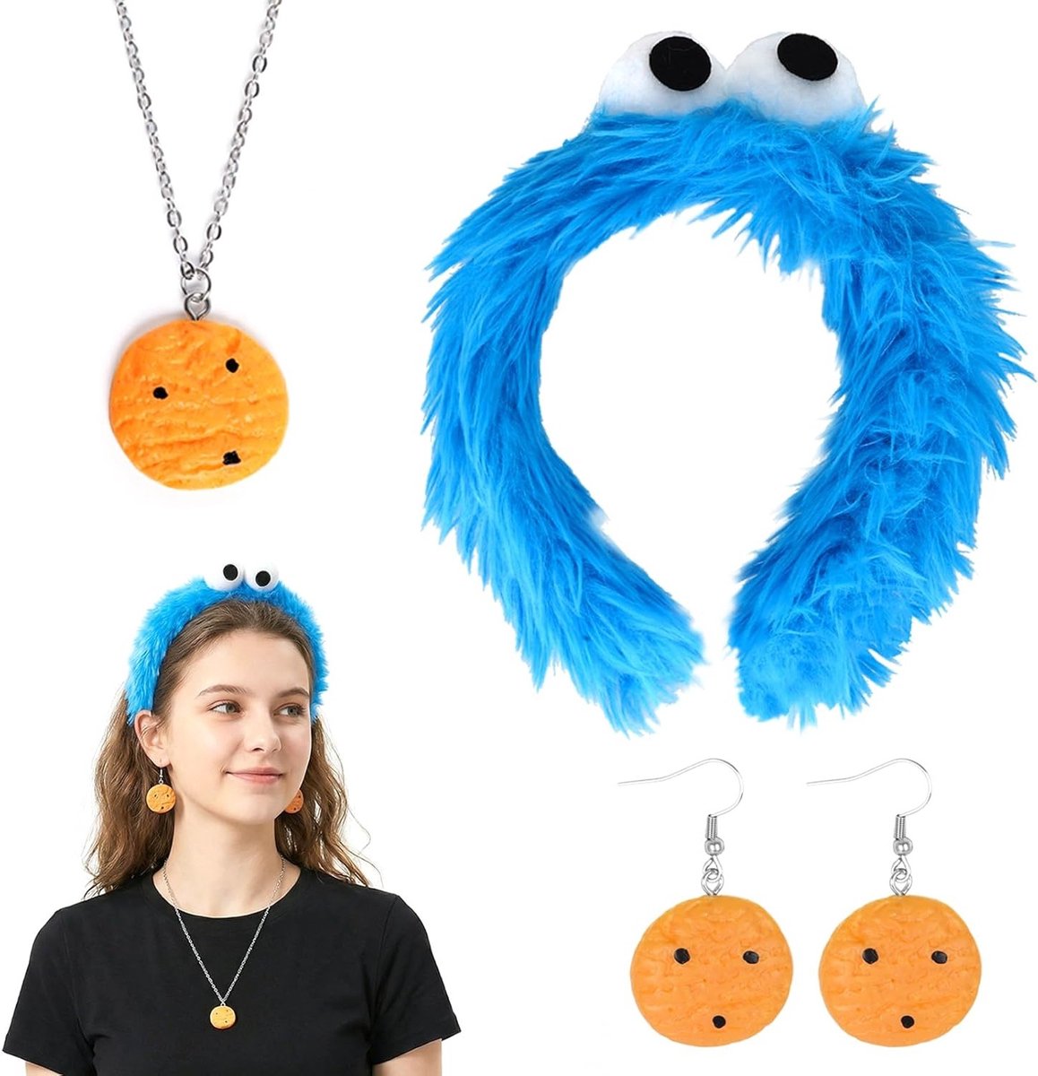 Monster Kostuum voor Vrouwen met Hoofdband, Cookie Ketting en Oorbellen voor Carnaval, Pasen en Themafeesten, Perfect voor Koekjesliefhebbers en Feestelijke Gelegenheden