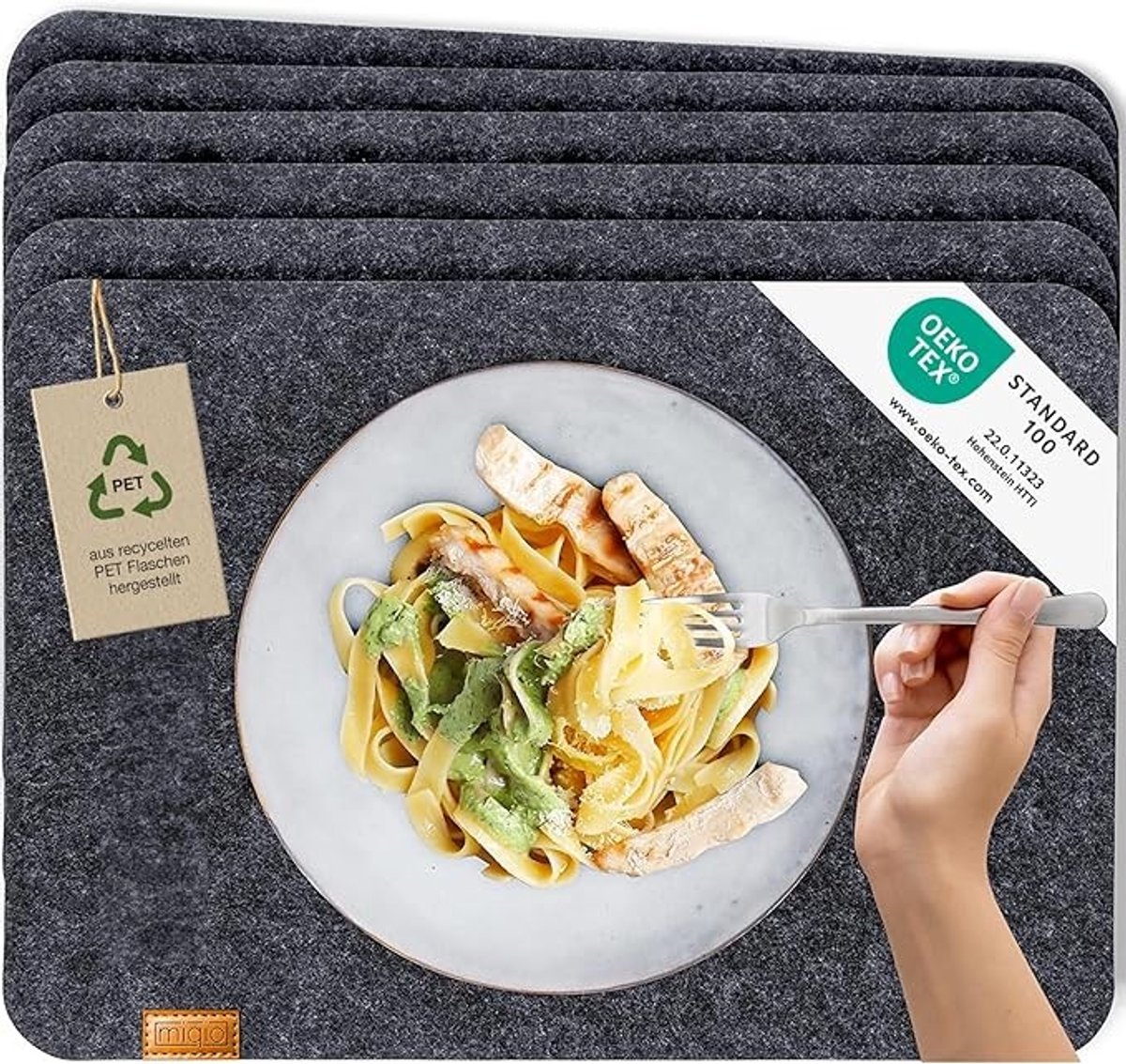 Set van 4 Vilten Placemats met Leren Label - 44x30 cm - Donkergrijs