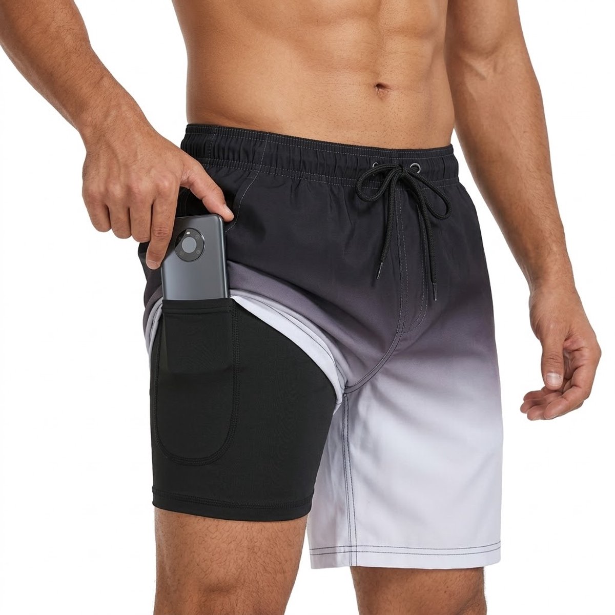 Zwart grijze heren zwembroek met kleurverloop – heren zwem short met elastische tailleband en zwart trekkoord – strand zwembroek met binnenbroek en telefoon zak – sneldrogende zwem short voor strand en zwemmen – maat XXL