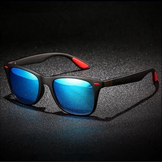 Okado Festival Zonnebril Unisex - Gepolariseerde Zonnebril met Blauw Spiegelende Glazen, Zwart Frame en Rode Accenten - UV400 Bril voor Festival, Zomer, Autorijden en Outdoor van Merkloos — afbeelding 3