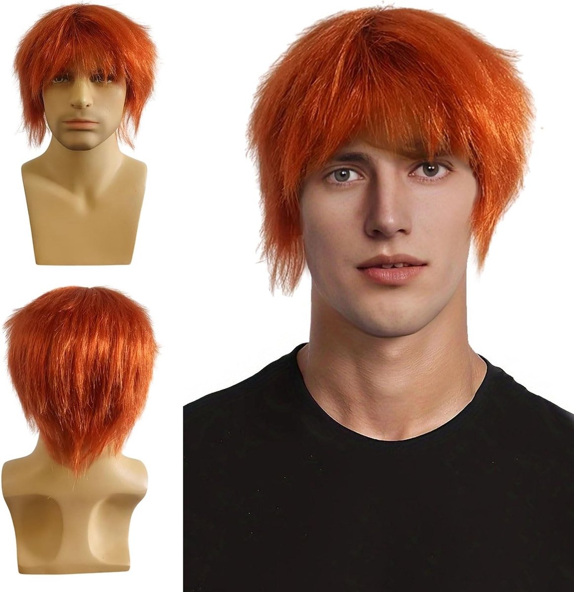 Korte oranje herenperruik voor punkrock kostuums, ideaal voor feesten en carnaval